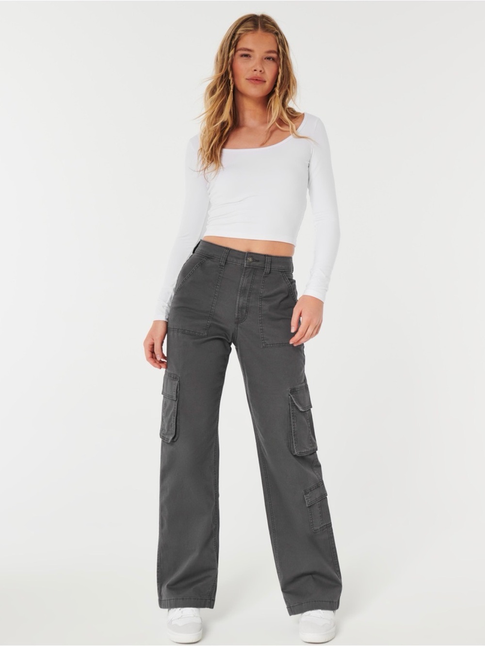 Hollister Ultra High-Rise Baggy Cargo Pants Size XS Gray Linen Blend GUC